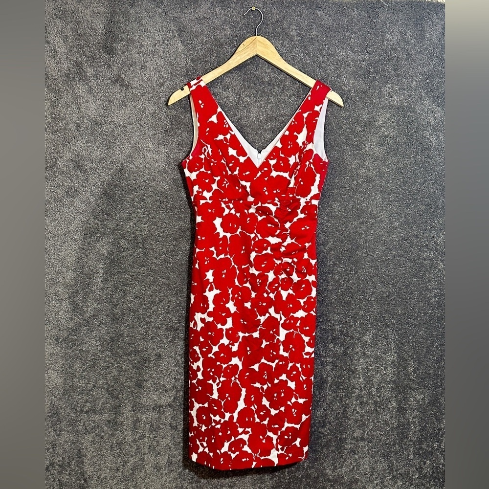 Donna Ricco Red White Floral Sheath Dress Size 4 Sleeveless Pencil Midi